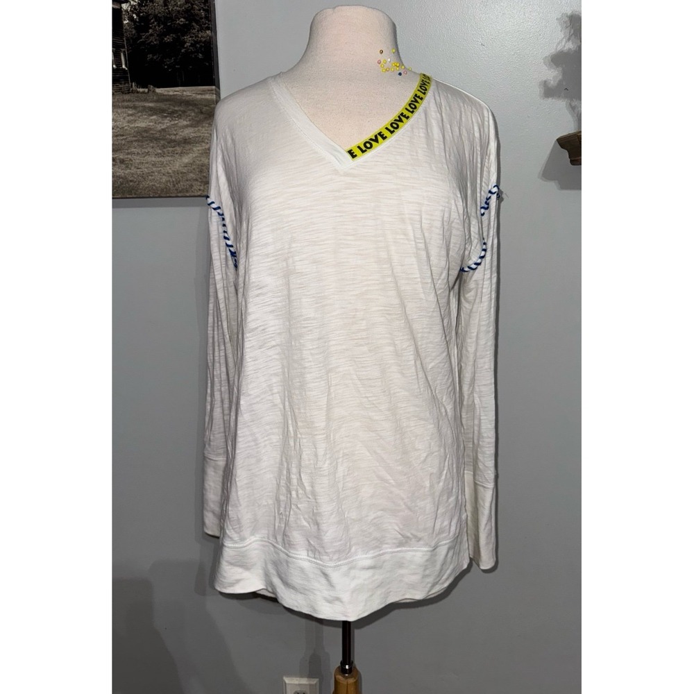 Lisa Todd‎ white long sleeve contrast detailed vneck shirt women's medium FLAW